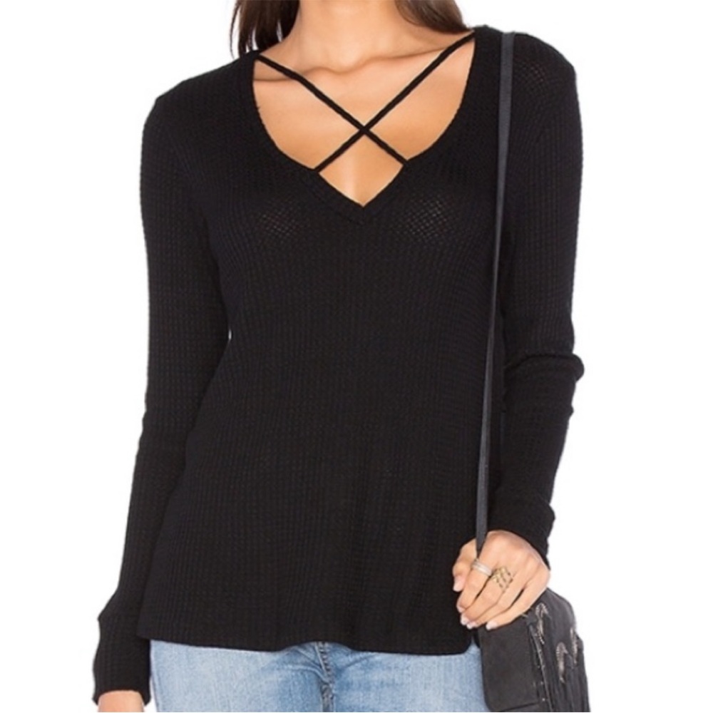 LNA Black Waffle Knit Sweater with Criss Cross Front, Size XS